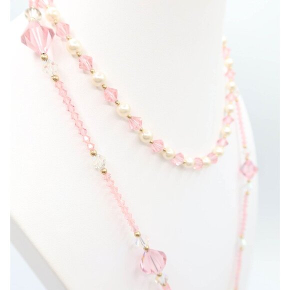 Pale Pink Crystal Bead Faux Pearl Necklace Set Of 2 14K Gold Fill Clasps 16" 27" - Picture 2 of 8